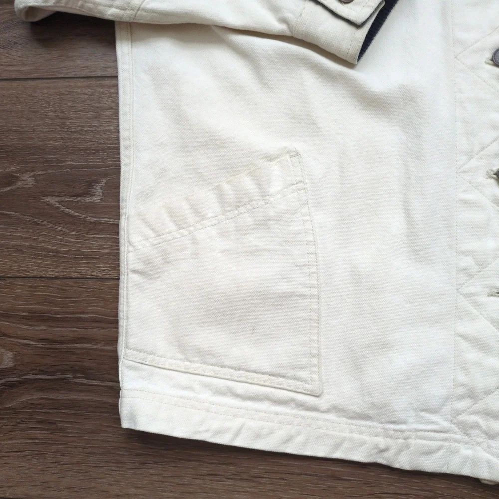 Vtg 90s Ruff Hewn Barn Chore Jacket White Canvas Corduroy Collar Workwear Large
